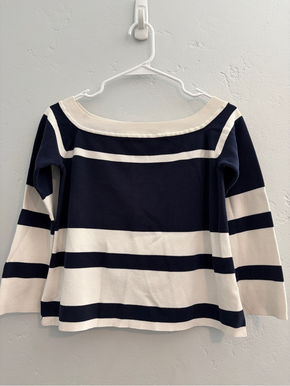J Crew Navy and White Striped Boatneck Top